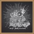 Retro hipster poster with hand drawn food truck in sun light isolated on chalk board background. Vintage sketch transport car Good