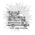 Retro hipster poster with hand drawn food truck in sun light isolated on white background. Vintage sketch transport car Good idea