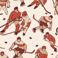 Retro hockey player goalkeeper in sports uniform seamless background. Vintage pattern sportsmans motion with hockey