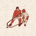 Retro hockey player and seamless pattern background. Vintage sportsmans motion with hockey stick. Vector outline