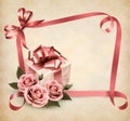 Retro holiday background with pink roses and gift