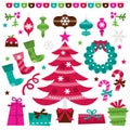 Retro holly jolly christmas design elements set