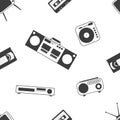 Retro home electronics set seamless pattern, black and white flat objects of old style 80s and 90s in a flat style tape, cassette Royalty Free Stock Photo