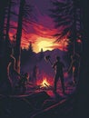 Retro Horror Slasher Campfire Scene with Axe-Wielding Figure Royalty Free Stock Photo