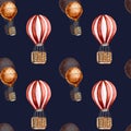 Retro hot air balloon vintage style watercolor seamless pattern isolated. Royalty Free Stock Photo