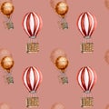 Retro hot air balloon vintage style watercolor seamless pattern isolated. Royalty Free Stock Photo