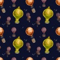 Retro hot air balloon vintage style watercolor seamless pattern isolated. Royalty Free Stock Photo