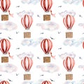 Retro hot air balloons vintage style watercolor illustration seamless pattern isolated Royalty Free Stock Photo
