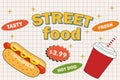 Retro cartoon funny fast food character posters. Vintage street food hot dog mascot Royalty Free Stock Photo