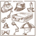 Retro hotel guest travel items and service staff accessory vector sketch icons