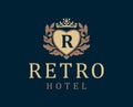 Retro Hotel. Letter emblem R in heart with crown.