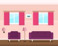 Retro hotel room with two windows and pink wall, vector