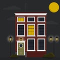 Retro house at night with moon. Flat vector with low-rise house, building in retro architecture styles, with city lights