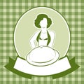 Retro Housewife Cook Wearing Apron Showing A Plate Or Tray And Blank Label For Your Text