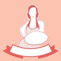 Retro Housewife Cook Wearing Polka Dot Dress Showing A Plate Or Tray