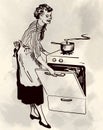 Retro housewife cooking in her kitchen vector image