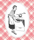 Retro housewife cooking in her kitchen vector image