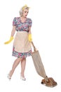 Retro housewife, with vintage vacuum cleaner, isolated on white