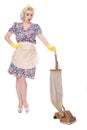 Retro housewife, with vintage vacuum cleaner, isolated on white