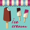 Retro ice cream poster. Vintage illustration sign. Background template with delicious homemade dessert. Royalty Free Stock Photo