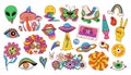 Retro icons in 70s style. Psychedelic funky graphic elements of mushrooms, flowers, rainbow, music, ufo, rollers
