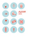 Retro icons set with music, roller skate, art, pop corn and coctail