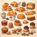 retro illustration of bread croissants berries fruit bakery food chees