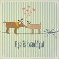 Retro illustration with happy couple dogs in love and phrase