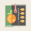 Retro illustration of healthy produce includes oranges and almonds