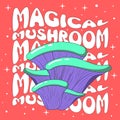 Retro illustration with psychedelic hallucinogenic bright 70s style hippie oyster mushrooms on a pink background with stars with