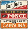 Retro illustration with Puerto Rico cities tin signs. Royalty Free Stock Photo