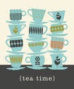 Retro illustration of stacks of tea cups Royalty Free Stock Photo