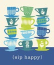 Retro illustration of stacks of tea cups Royalty Free Stock Photo