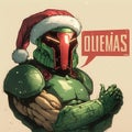 Retro illustration of a super hero video game character with a christmas hat