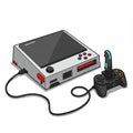 A retro-inspired gaming console with a simplistic box design. It features a joystick and
