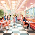 Retro-inspired illustration of a bustling reception buffet in a 1950s-themed setting