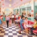 Retro-inspired illustration of a bustling reception buffet in a 1950s-themed setting