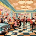 Retro-inspired illustration of a bustling reception buffet in a 1950s-themed setting