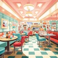 Retro-inspired illustration of a bustling reception buffet in a 1950s-themed setting