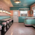 A retro-inspired malt shop kitchen with pastel-colored tiles, chrome accents, and vintage soda fountains2