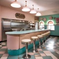 A retro-inspired malt shop kitchen with pastel-colored tiles, chrome accents, and vintage soda fountains1