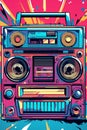 A retro-inspired poster , illustration of a boombox or cassette player with vibrant patterns and colors, symbolizing the music and Royalty Free Stock Photo