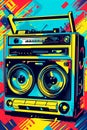 A retro-inspired poster , illustration of a boombox or cassette player with vibrant patterns and colors, symbolizing the music and Royalty Free Stock Photo