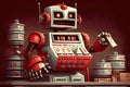 retro-inspired robot, with classic red and white arial font, counting money at the checkout