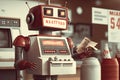retro-inspired robot, with classic red and white arial font, counting money at the checkout