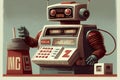 retro-inspired robot, with classic red and white arial font, counting money at the checkout