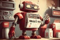 retro-inspired robot, with classic red and white arial font, counting money at the checkout