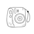 Retro instant camera drawing. Cute white mini photo camera doodle, vector illustration