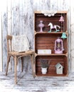 Retro interior with chair and three wooden crates