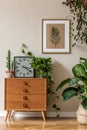 Retro interior design of living room with design vintage commode.